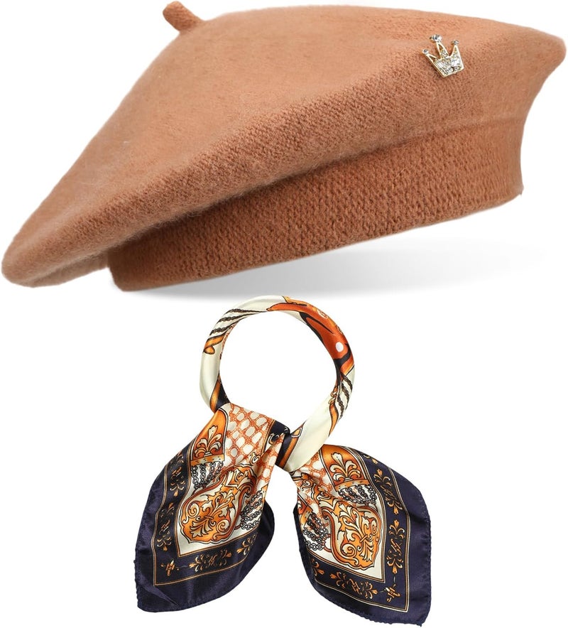 Jamntower 3 Pcs Wool Beret Solid Color French Beanie Hat with Silky Scarf Brooch for Women Girls Gift - Image 1